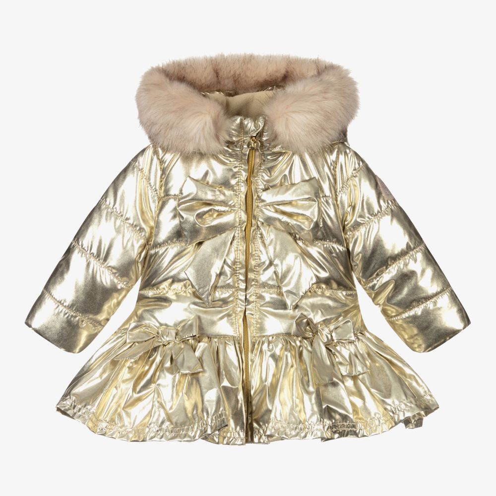 A Dee - Girls Gold Hooded Bow Coat | Childrensalon