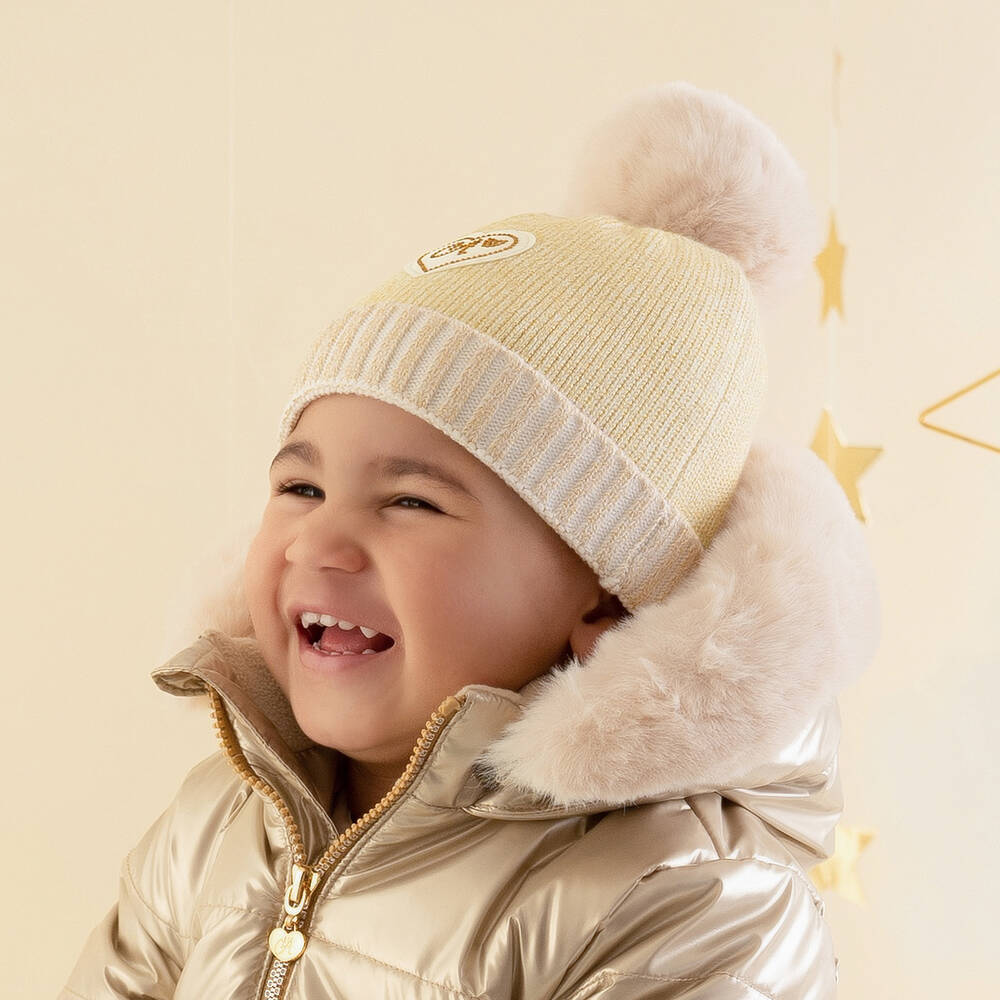 A Dee-Girls Gold & Ivory Pom Pom Hat | Childrensalon Outlet