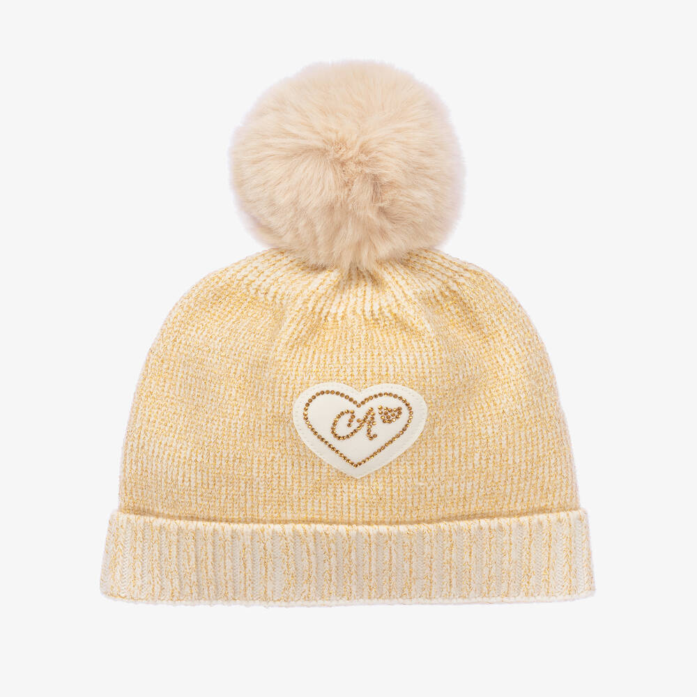 A Dee - قبعة بوم-بوم مزيج أكريليك محبوك لون ذهبي وعاجي | Childrensalon