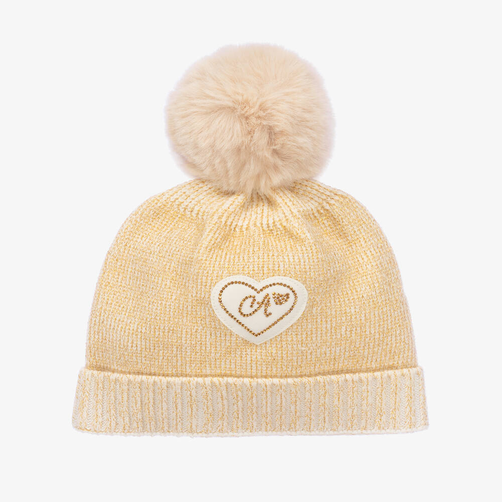 A Dee - Girls Gold & Ivory Pom Pom Hat | Childrensalon