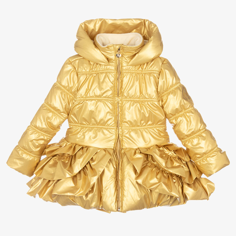 A Dee - Girls Gold Ruffle Hooded Coat | Childrensalon