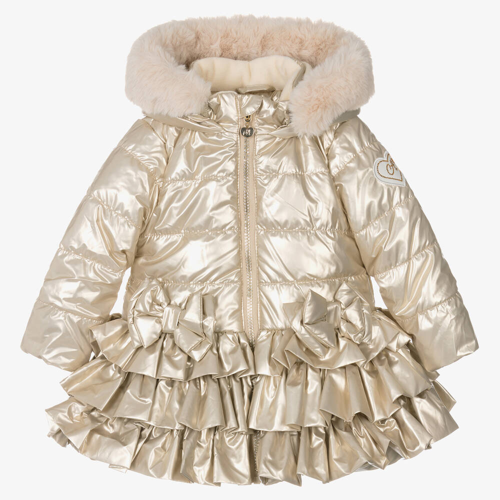 A Dee - Girls Gold Ruffle Hooded Puffer Coat | Childrensalon