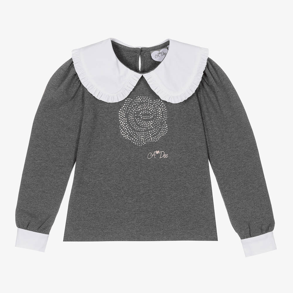 A Dee - Girls Grey Diamanté Rose Top | Childrensalon