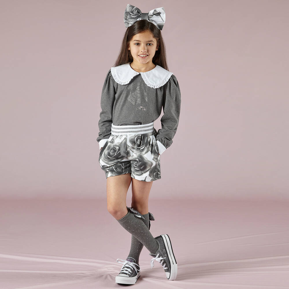 A Dee-توب قطن جيرسي لون رمادي مزين بديامنتي للبنات | Childrensalon Outlet