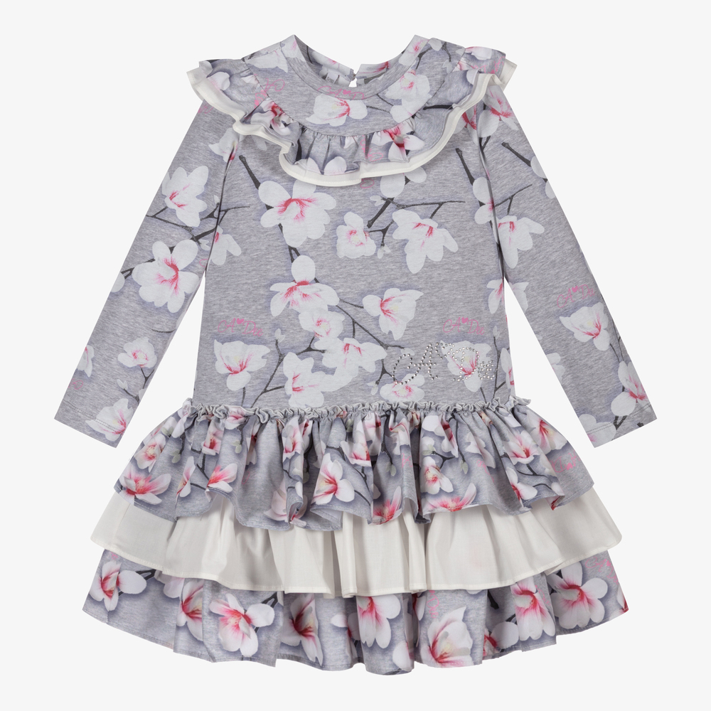 A Dee - Girls Grey & Pink Floral Dress | Childrensalon
