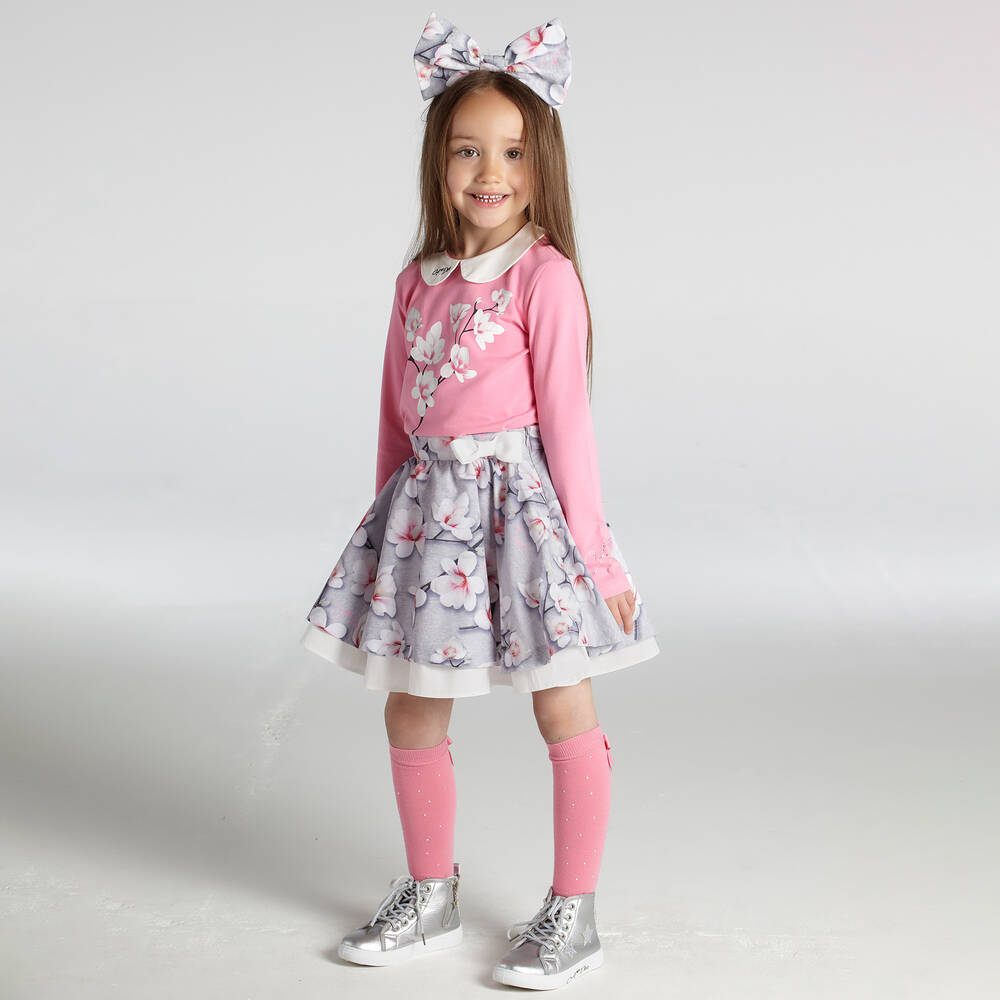 A Dee-تنورة لون رمادي وزهري بطبعة ورود | Childrensalon Outlet