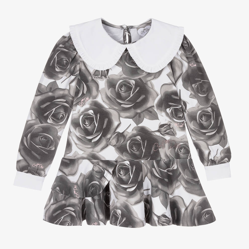 A Dee - Robe grise en jersey à roses Fille | Childrensalon
