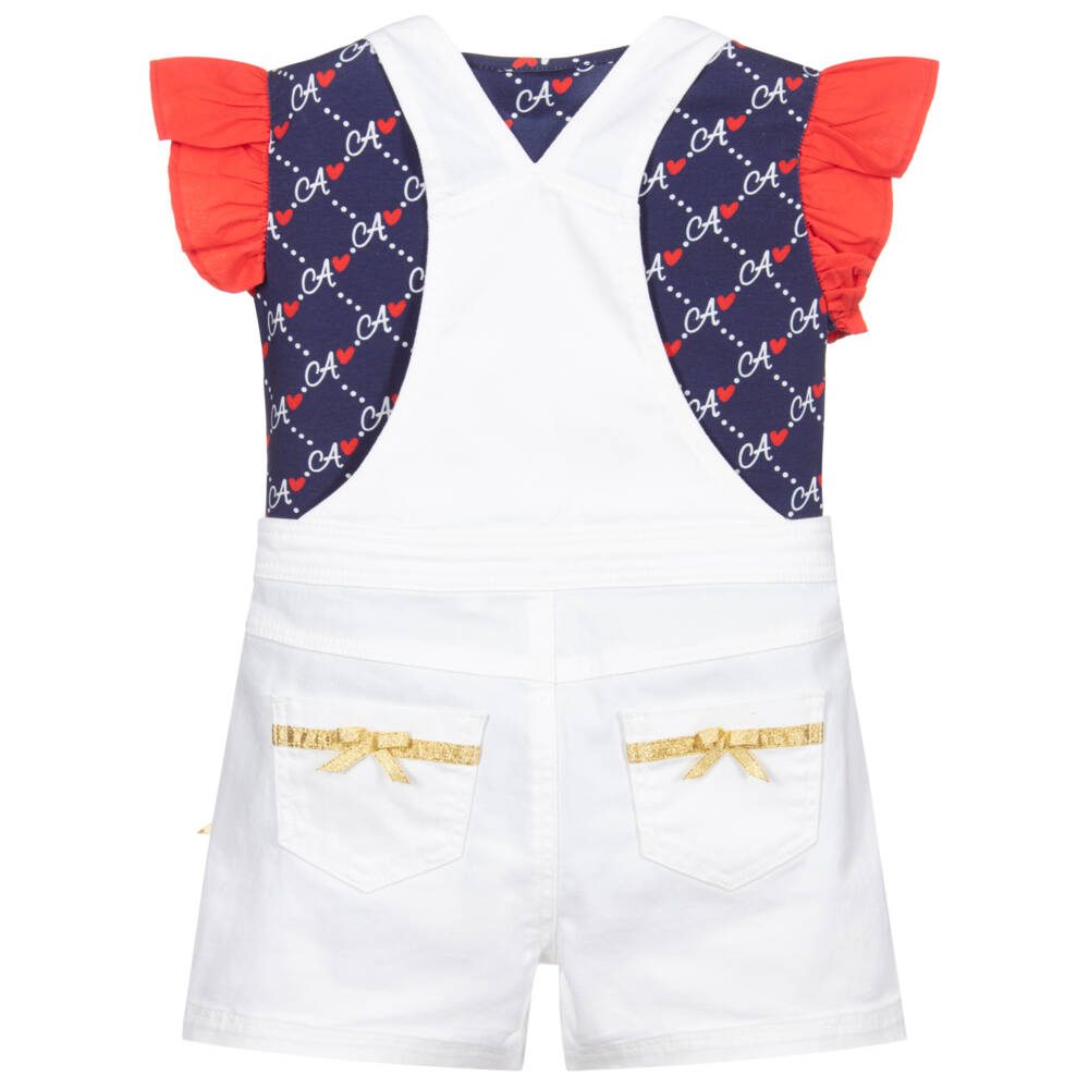 A Dee-Girls Ivory & Blue Dungaree Shorts Set | Childrensalon Outlet