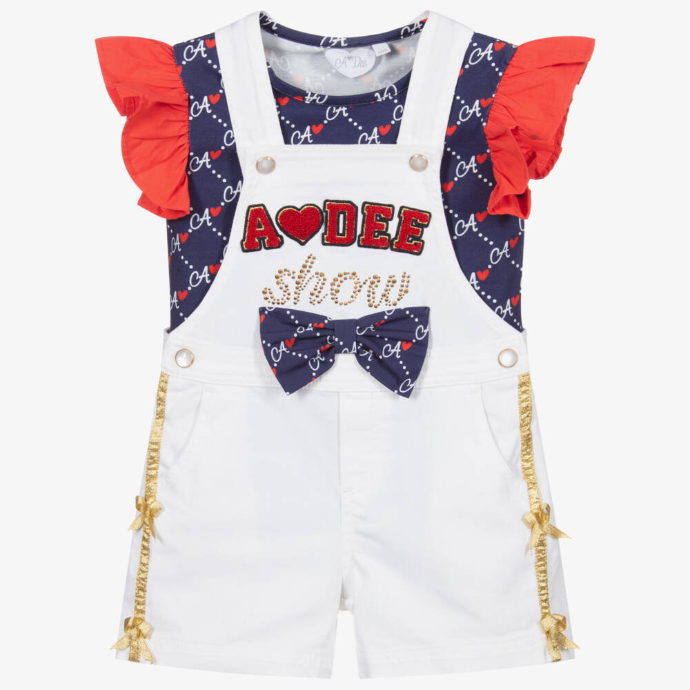 A Dee-Girls Ivory & Blue Dungaree Shorts Set | Childrensalon Outlet