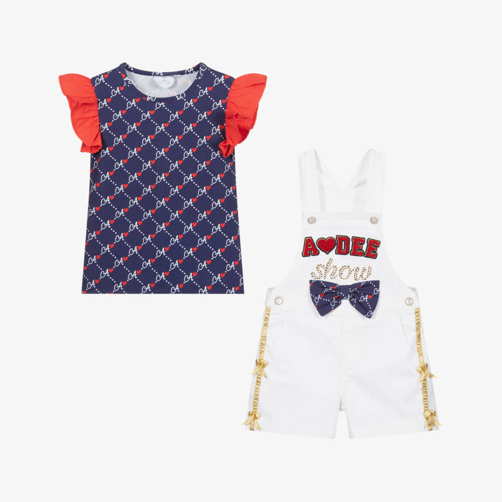 A Dee-Girls Ivory & Blue Dungaree Shorts Set | Childrensalon Outlet