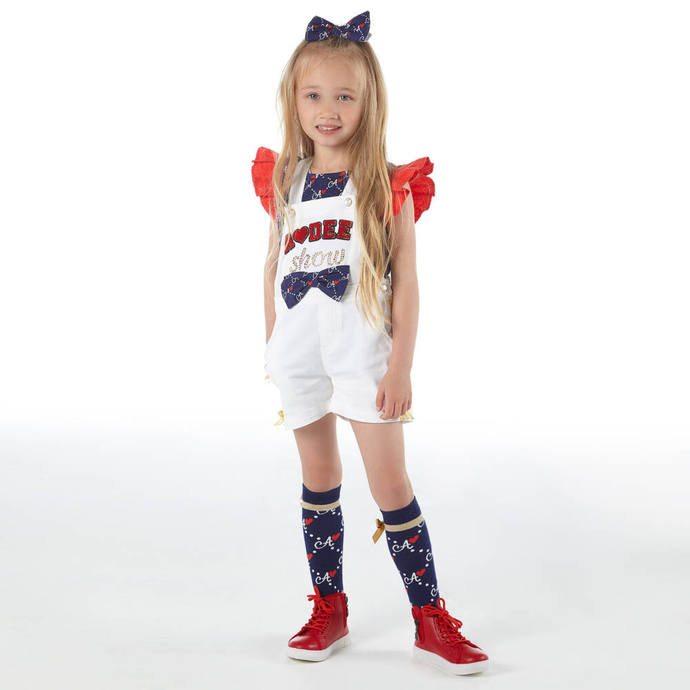 A Dee-Girls Ivory & Blue Dungaree Shorts Set | Childrensalon Outlet