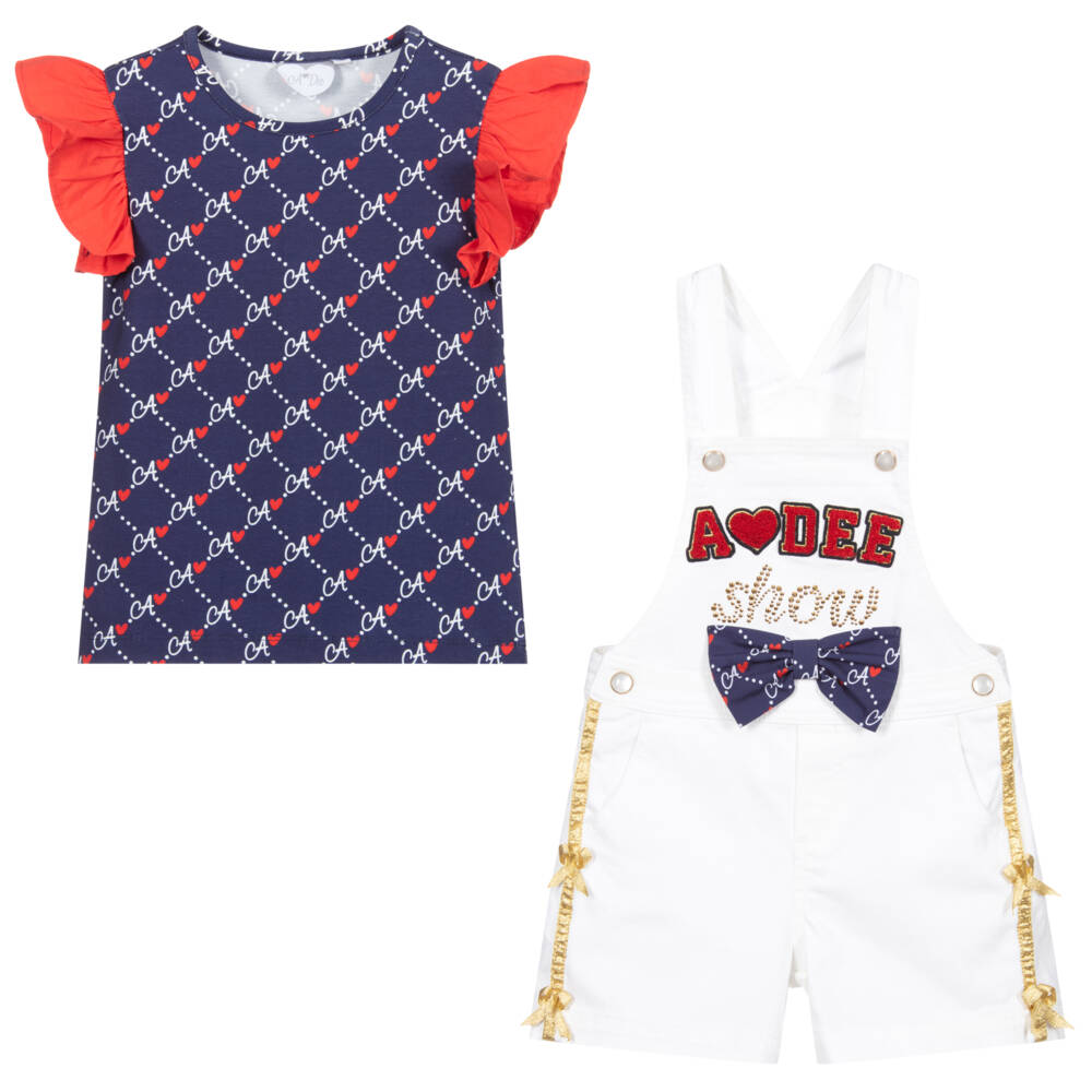 A Dee-Girls Ivory & Blue Dungaree Shorts Set | Childrensalon Outlet