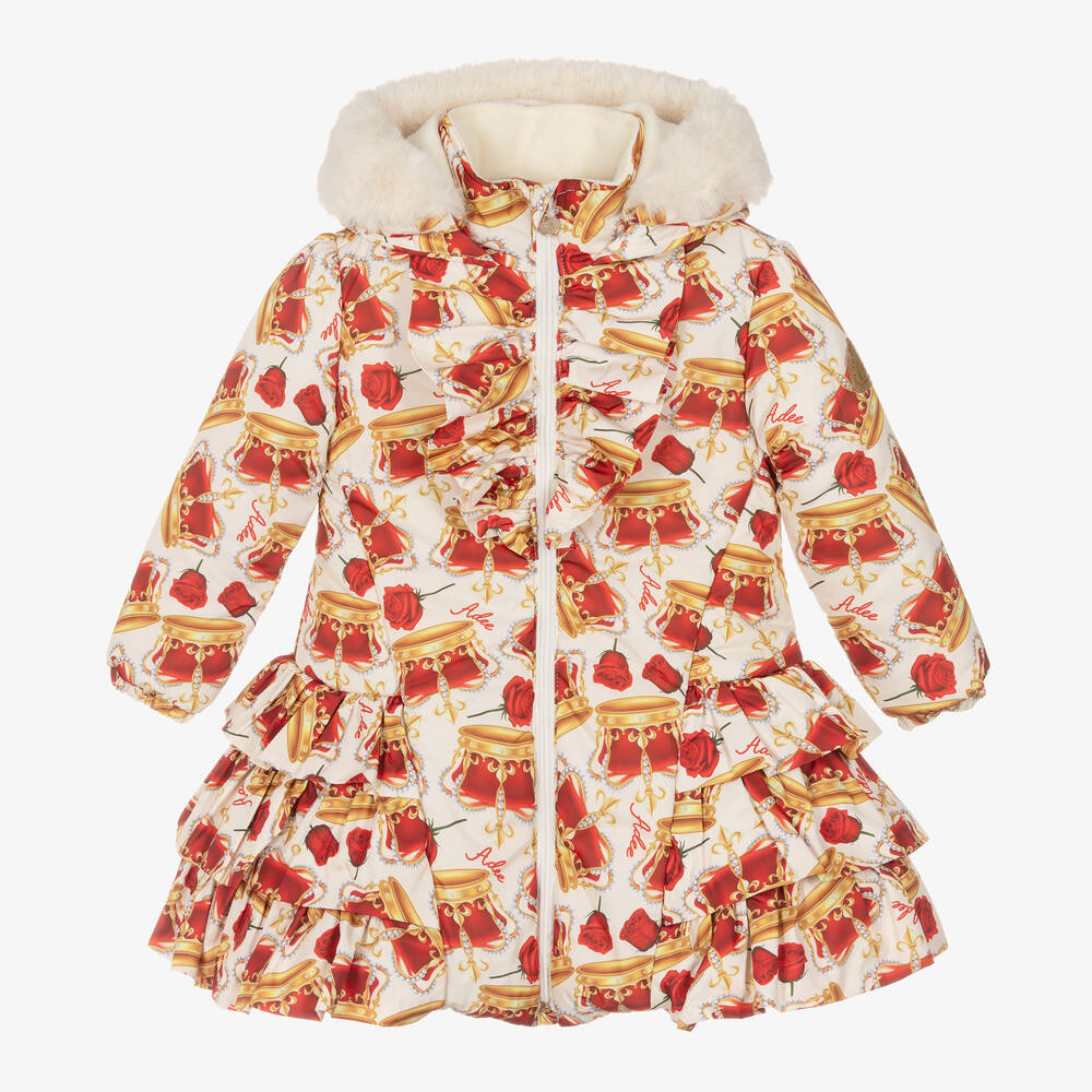 A Dee - Girls Ivory Crown & Rose Print Coat | Childrensalon