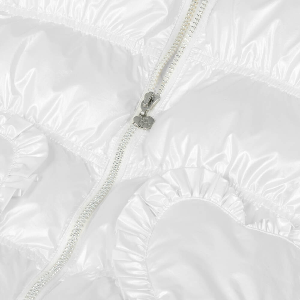 A Dee-Girls Ivory Hooded Puffer Coat with Ruffles | Childrensalon Outlet
