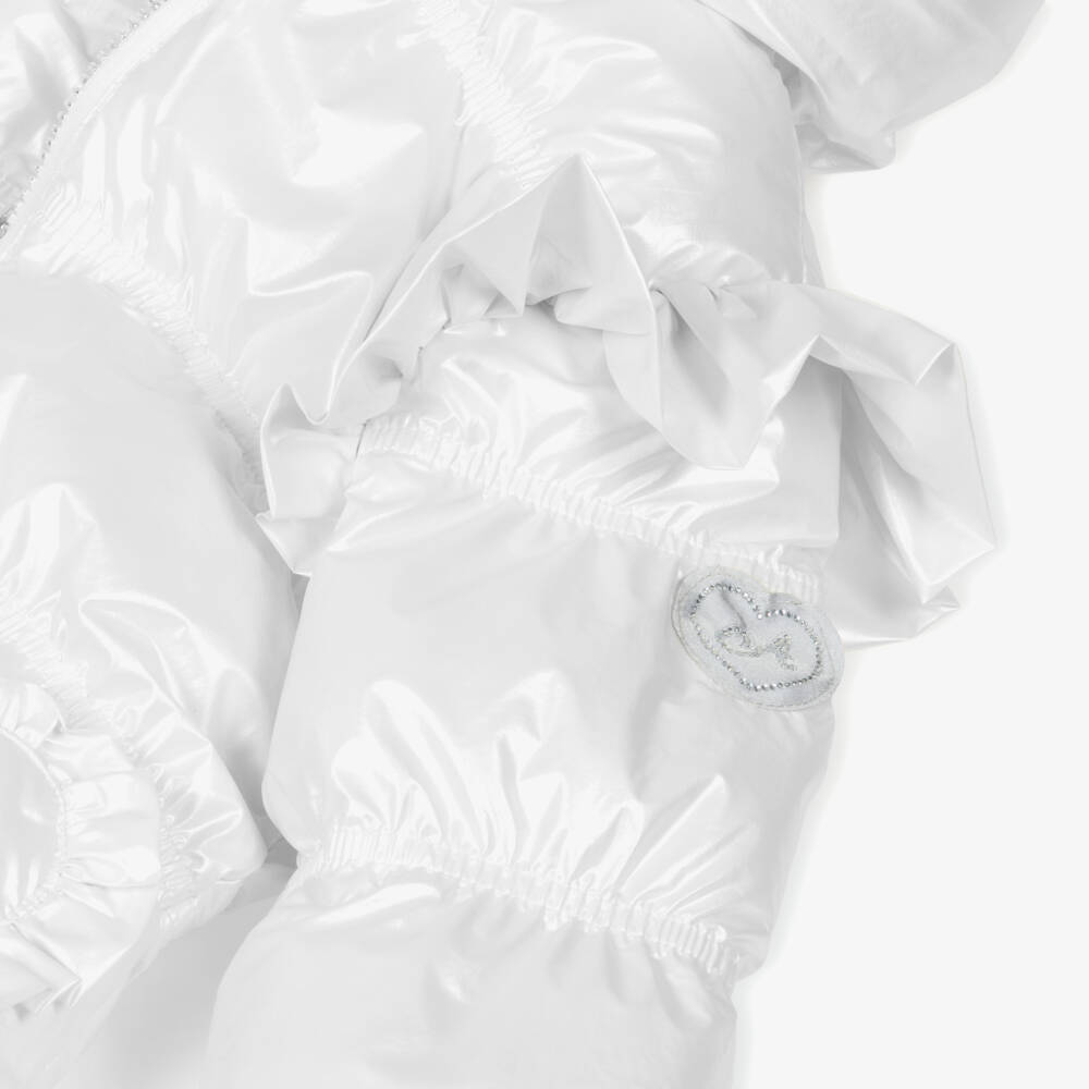 A Dee-Girls Ivory Hooded Puffer Coat with Ruffles | Childrensalon Outlet