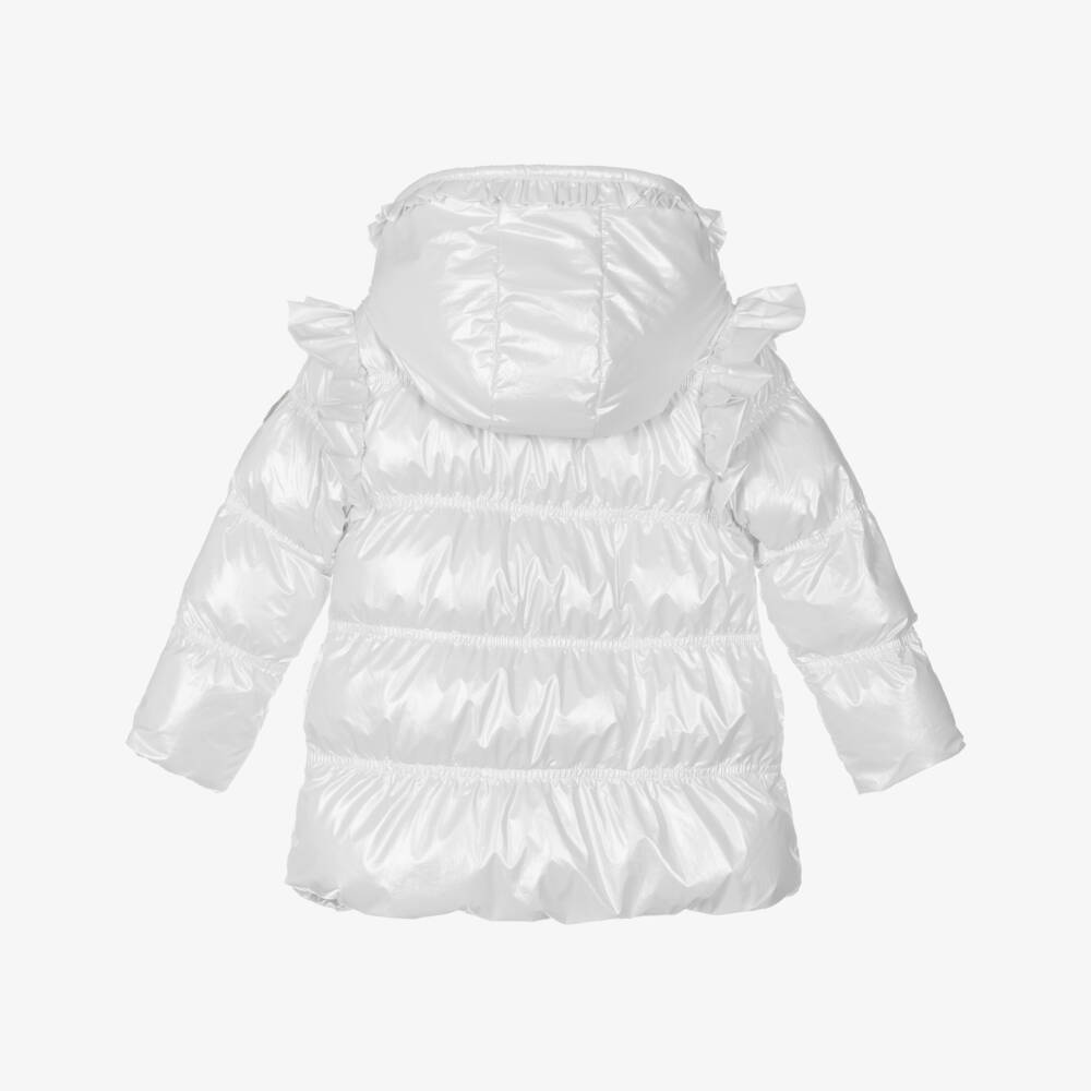 A Dee-Girls Ivory Hooded Puffer Coat with Ruffles | Childrensalon Outlet