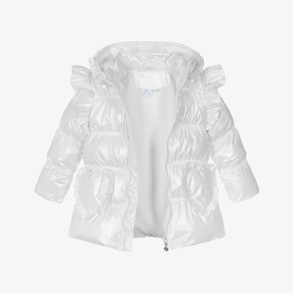 A Dee-Girls Ivory Hooded Puffer Coat with Ruffles | Childrensalon Outlet