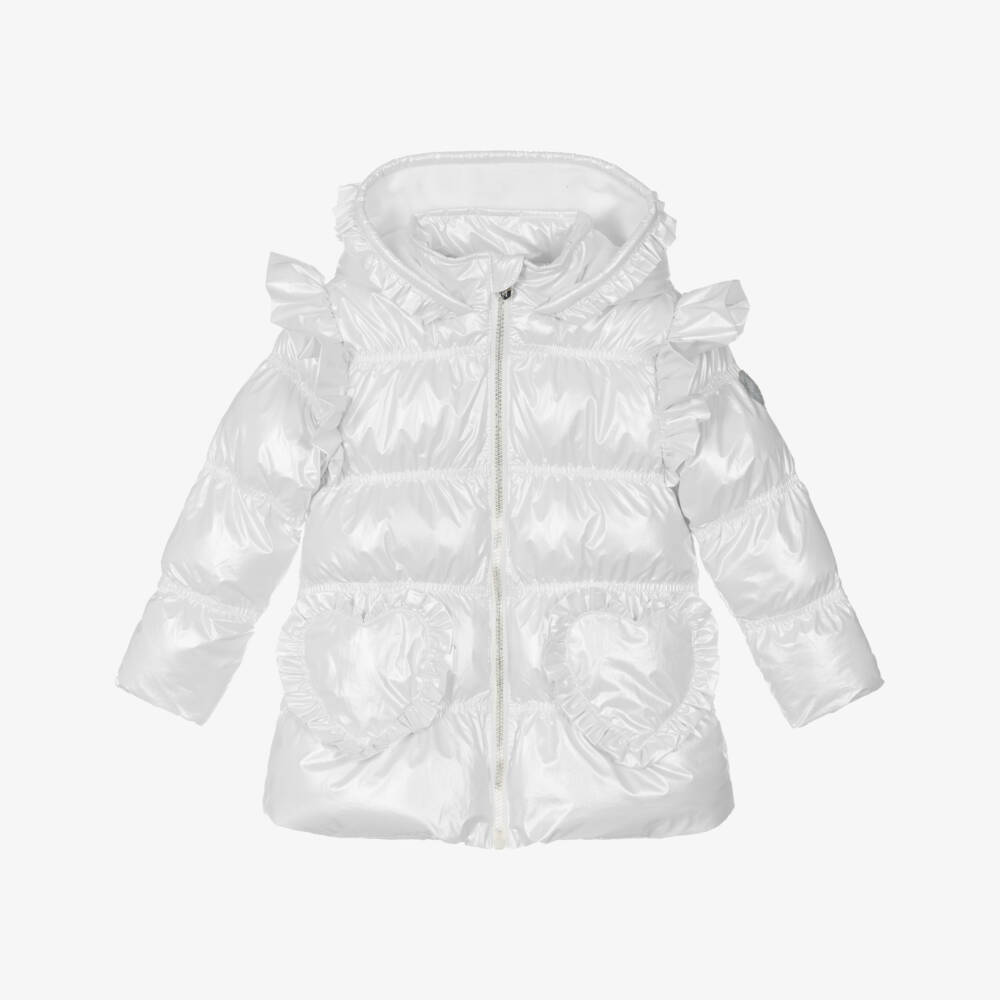 A Dee-Girls Ivory Hooded Puffer Coat with Ruffles | Childrensalon Outlet