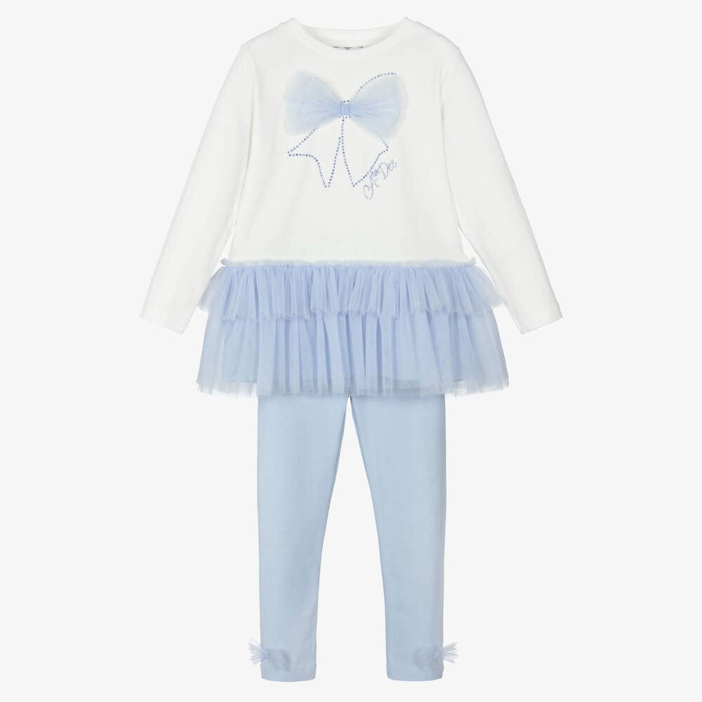 A Dee-Girls Ivory & Pale Blue Cotton Leggings Set with Tulle Bows | Childrensalon Outlet