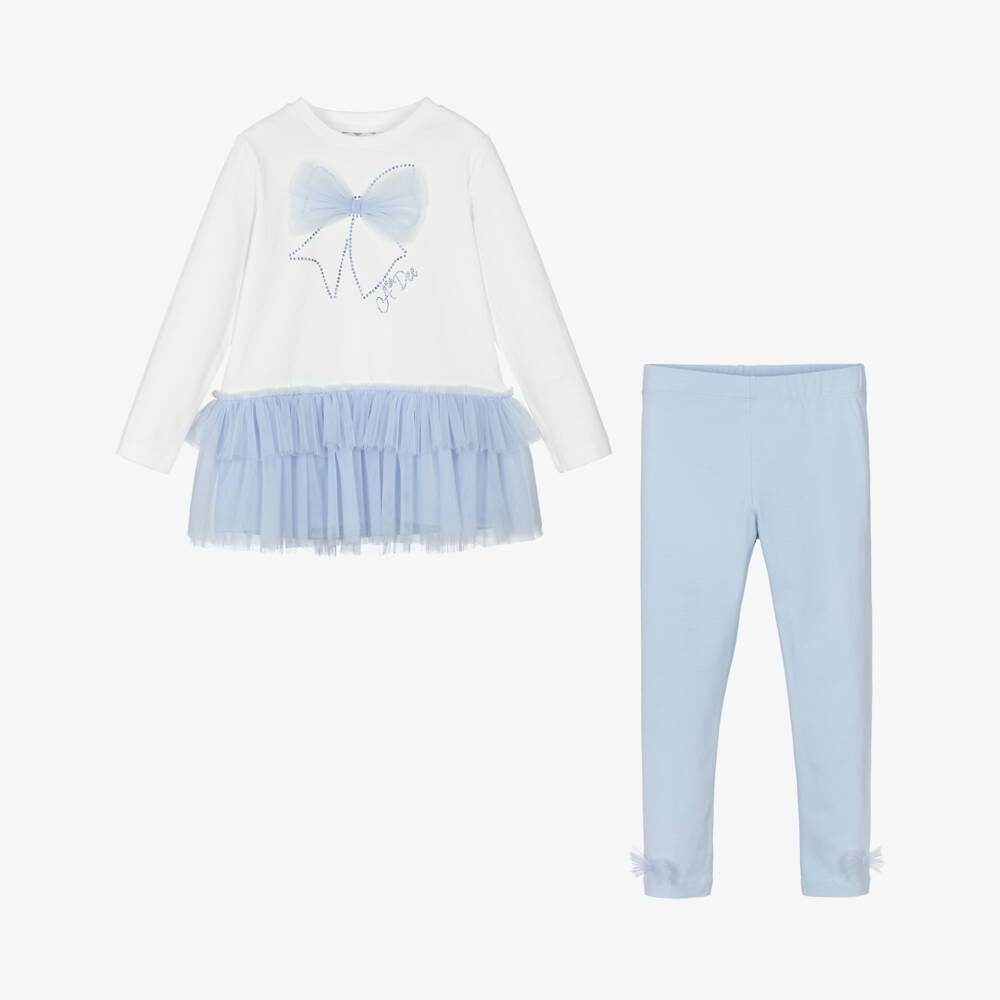 A Dee-Girls Ivory & Pale Blue Cotton Leggings Set with Tulle Bows | Childrensalon Outlet