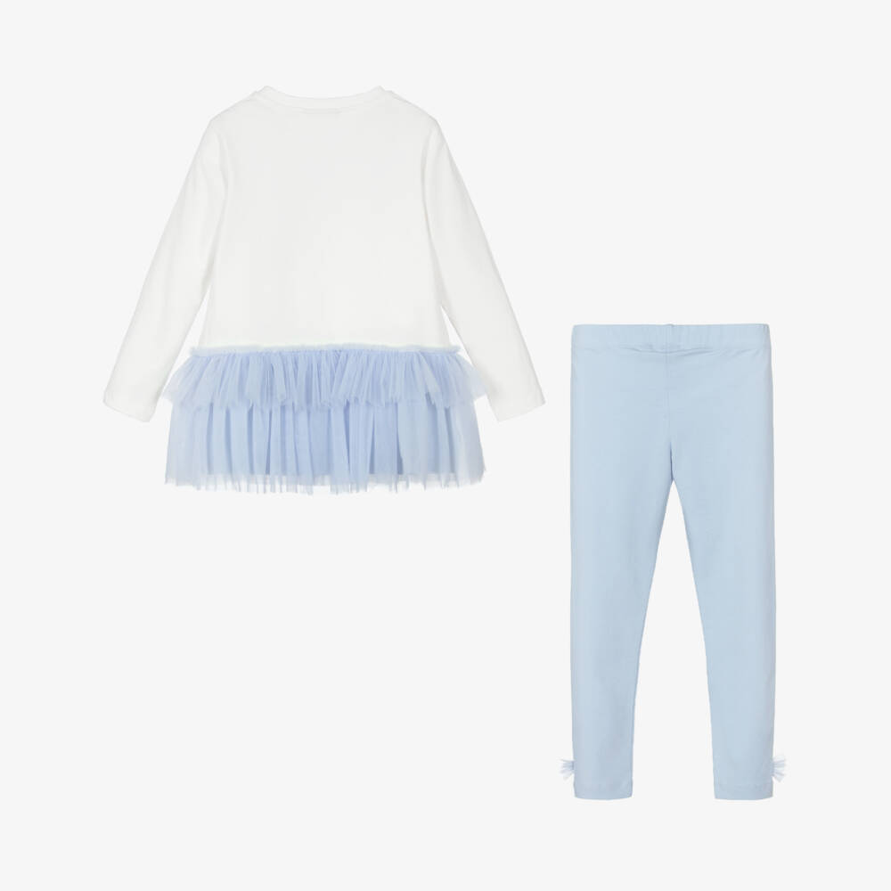A Dee-Girls Ivory & Pale Blue Cotton Leggings Set with Tulle Bows | Childrensalon Outlet