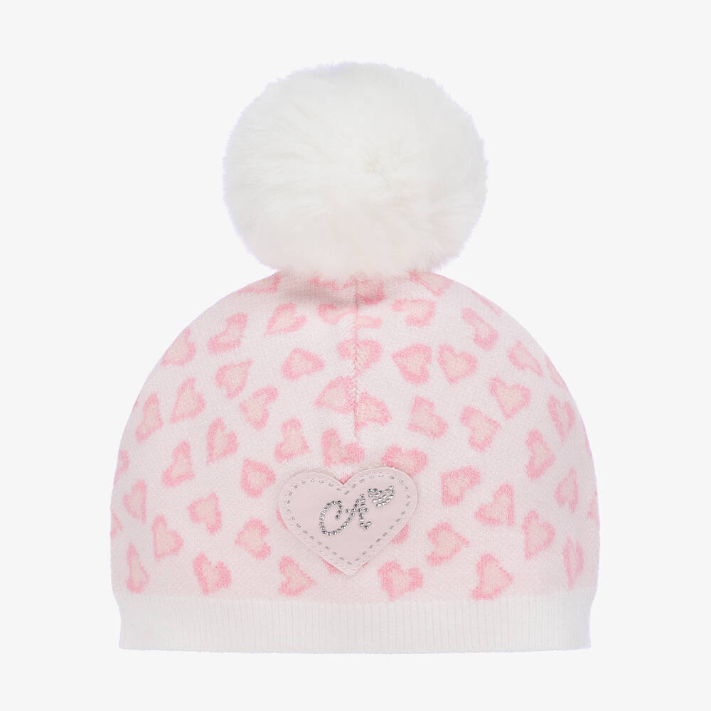 A Dee - Girls Ivory & Pink Pom-Pom Hat | Childrensalon