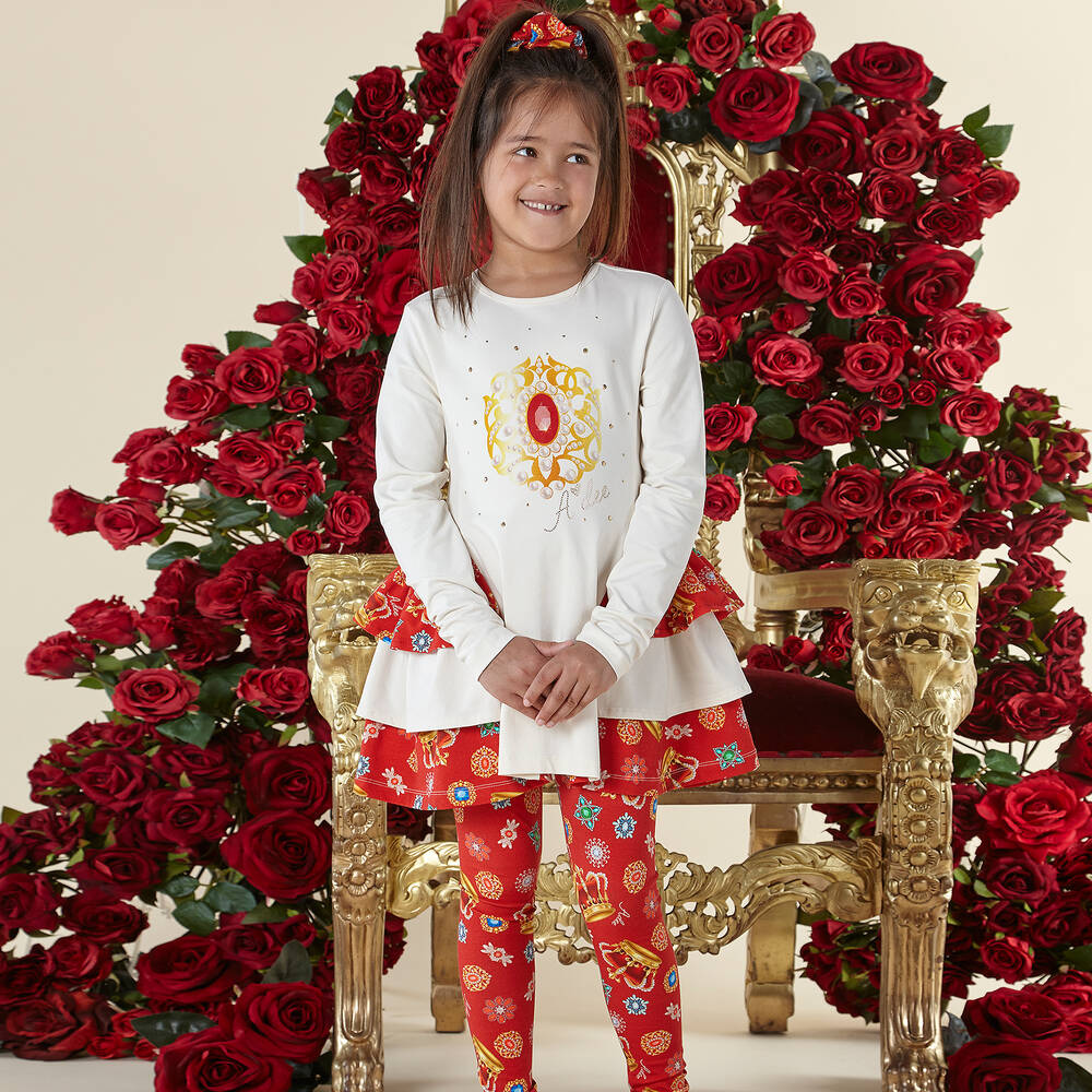 A Dee-Girls Ivory & Red Cotton Leggings Set | Childrensalon Outlet