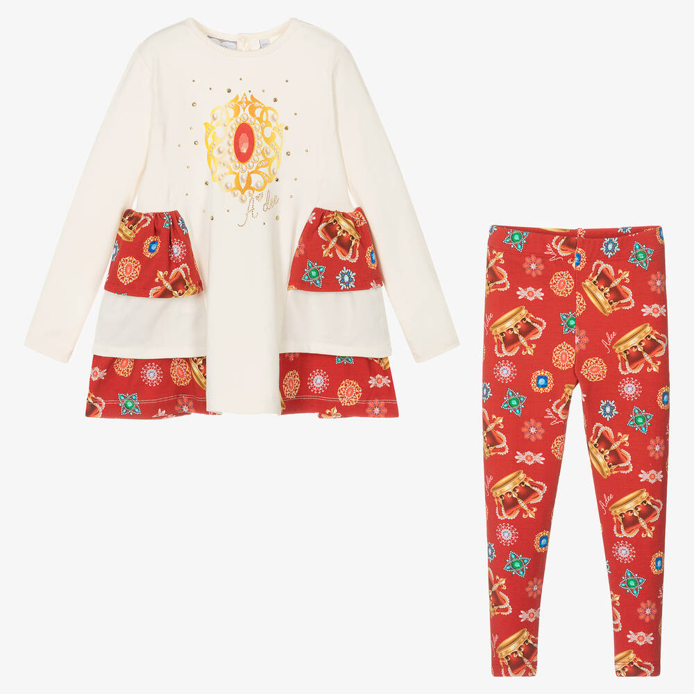 A Dee-Girls Ivory & Red Cotton Leggings Set | Childrensalon Outlet