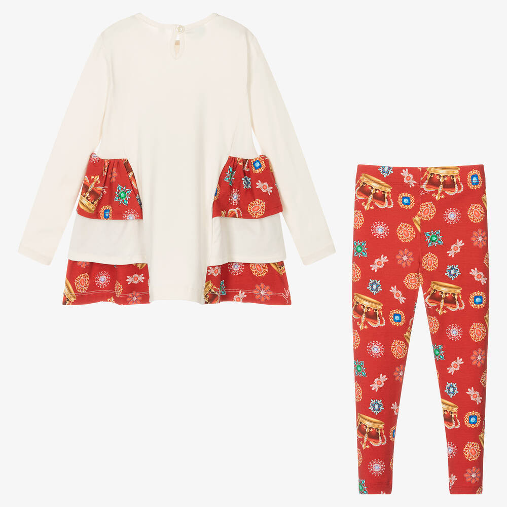 A Dee-Girls Ivory & Red Cotton Leggings Set | Childrensalon Outlet