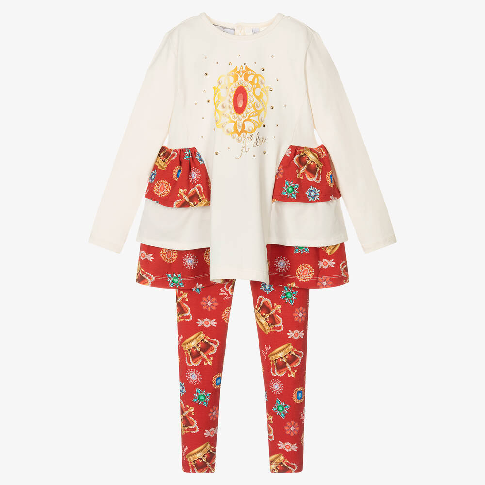 A Dee-Girls Ivory & Red Cotton Leggings Set | Childrensalon Outlet
