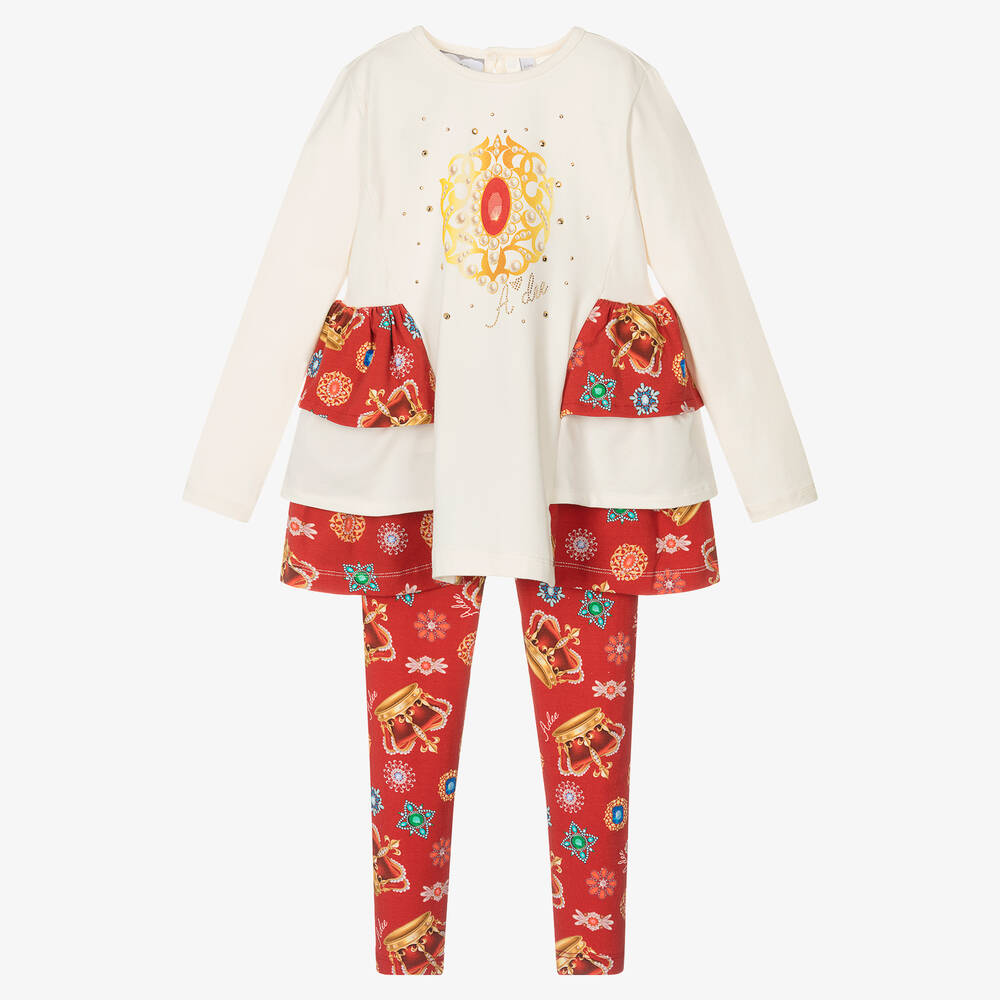 A Dee - Ensemble legging coton ivoire rouge | Childrensalon