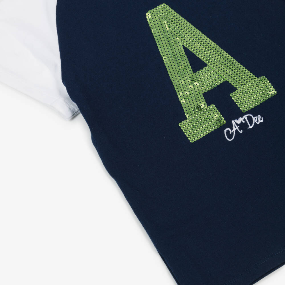 A Dee-Girls Navy Blue Cotton T-Shirt with Green Sequin Logo | Childrensalon Outlet
