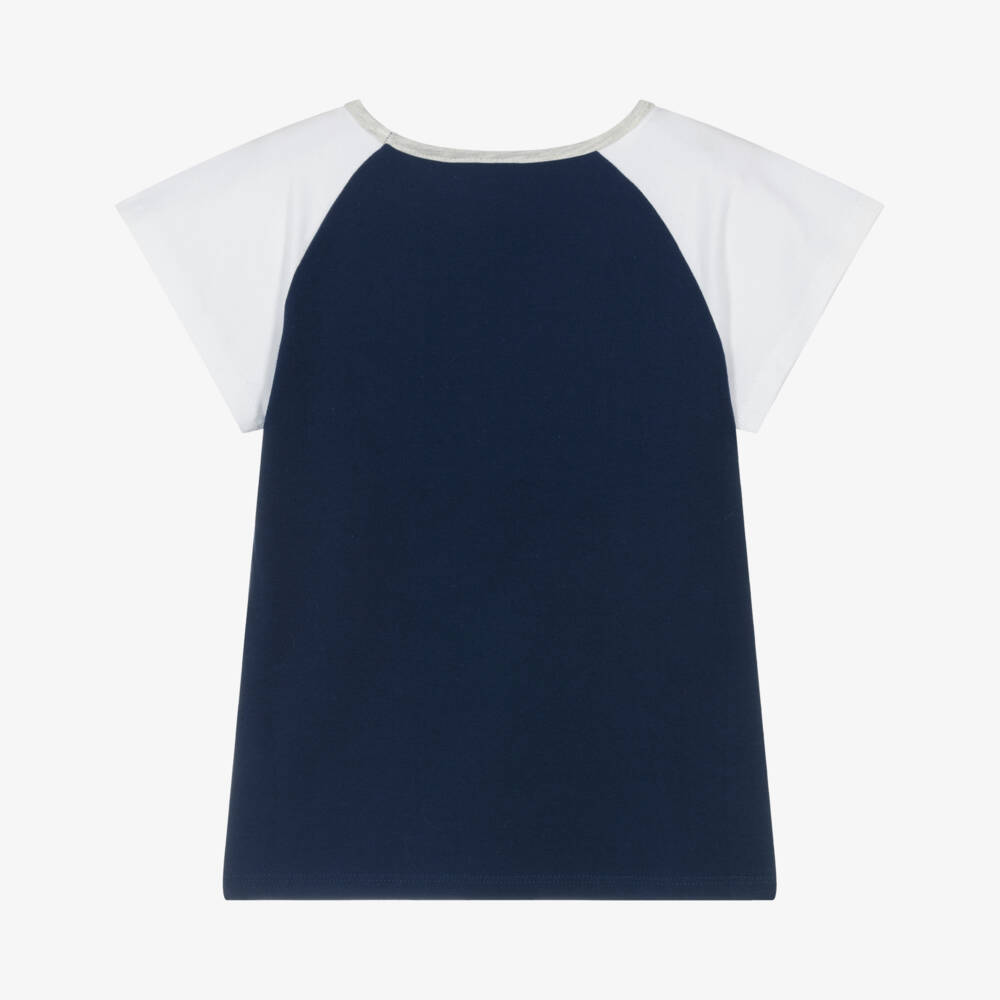 A Dee-Girls Navy Blue Cotton T-Shirt with Green Sequin Logo | Childrensalon Outlet