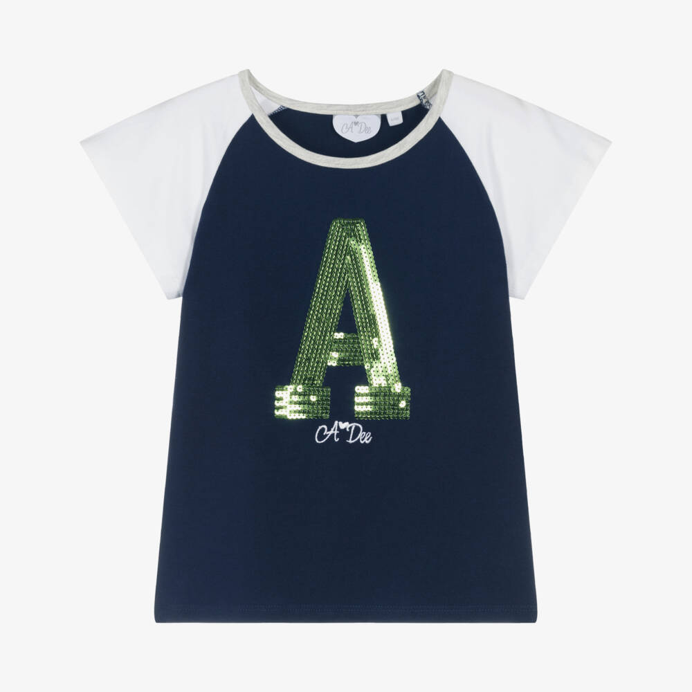 A Dee-Girls Navy Blue Cotton T-Shirt with Green Sequin Logo | Childrensalon Outlet