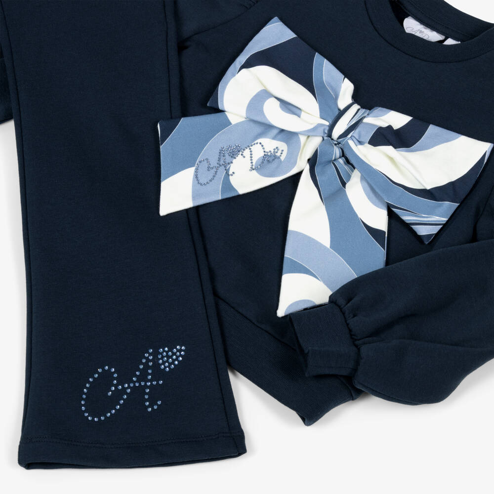 A Dee-Girls Navy Blue Cotton Trouser Set with Bow | Childrensalon Outlet