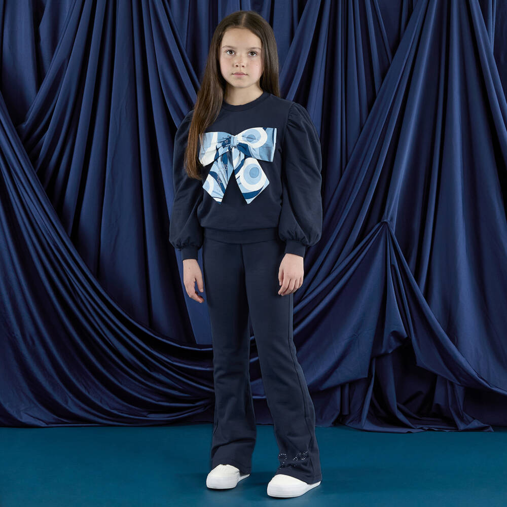 A Dee-Girls Navy Blue Cotton Trouser Set with Bow | Childrensalon Outlet