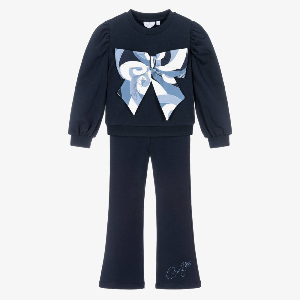 A Dee-Girls Navy Blue Cotton Trouser Set with Bow | Childrensalon Outlet