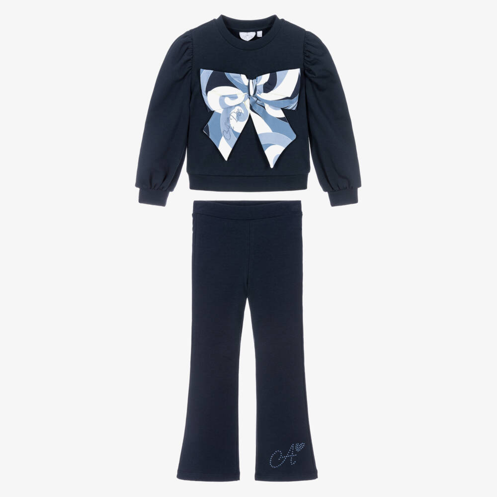 A Dee-Girls Navy Blue Cotton Trouser Set with Bow | Childrensalon Outlet