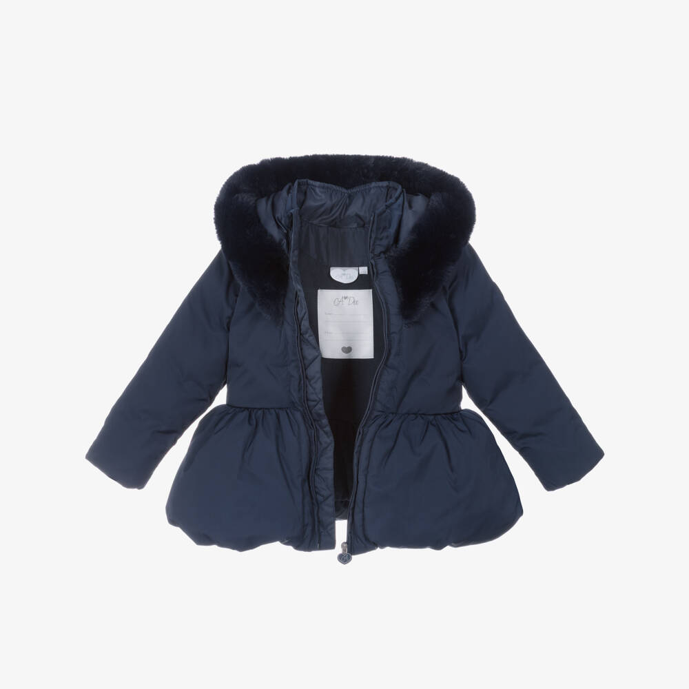 A Dee-Girls Navy Blue Hooded Puffer Coat with Faux Fur Trim | Childrensalon Outlet