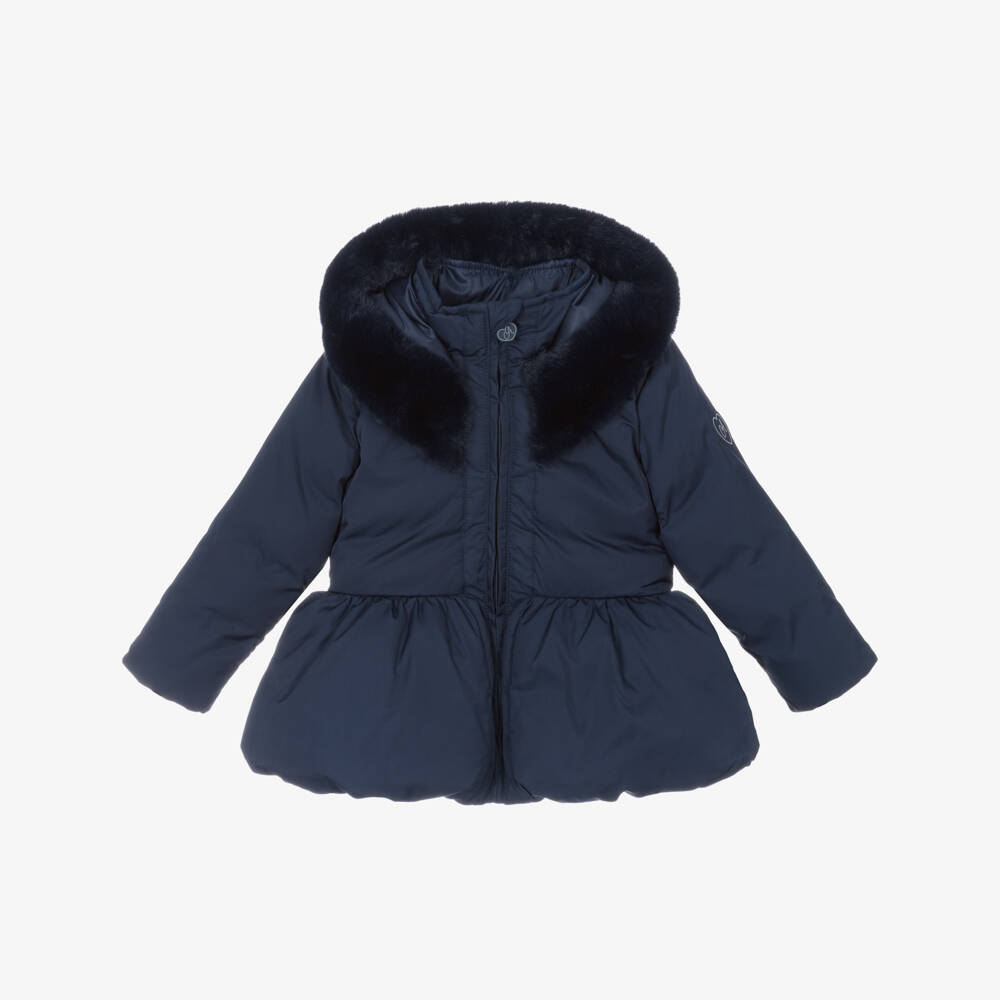 A Dee-Girls Navy Blue Hooded Puffer Coat with Faux Fur Trim  | Childrensalon Outlet