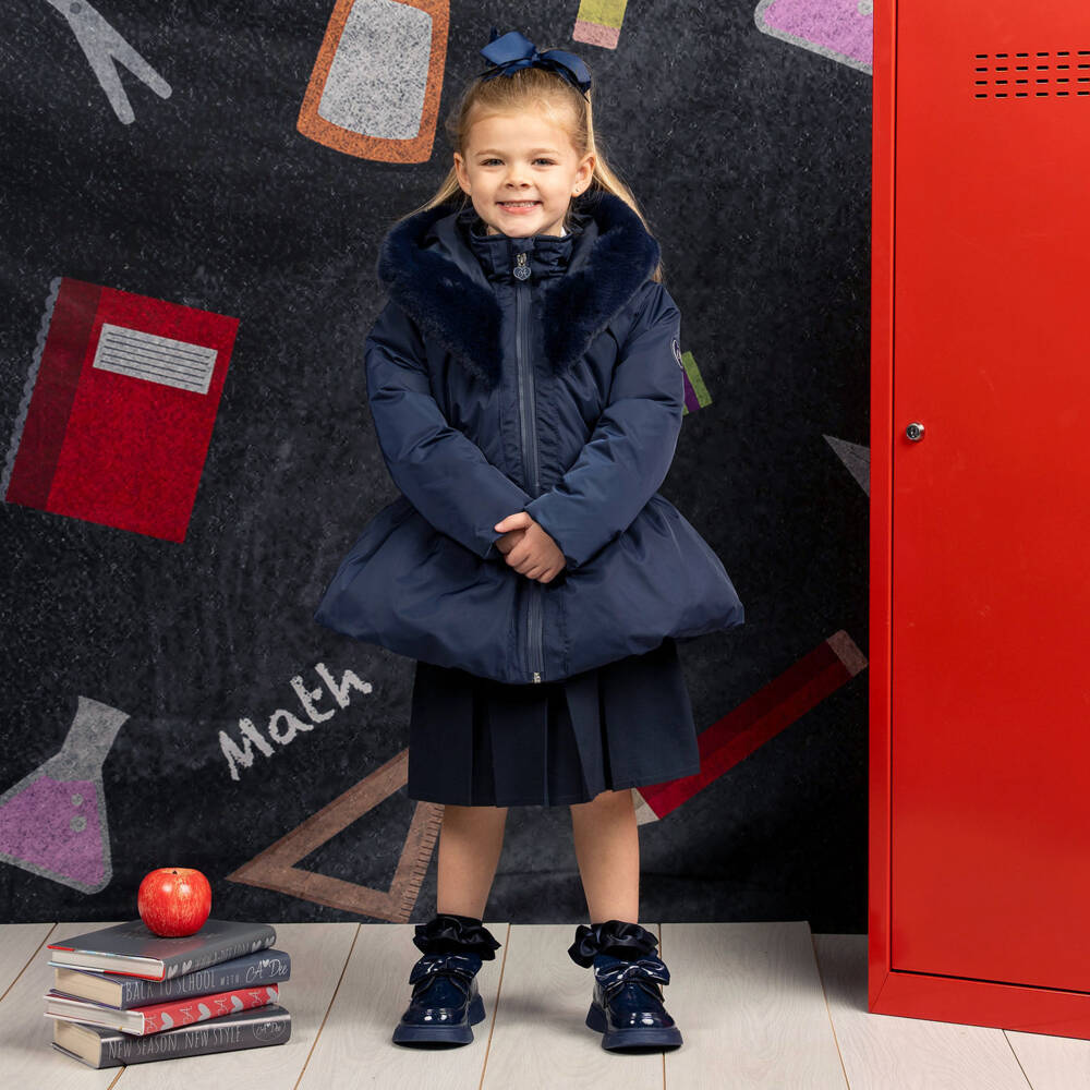 A Dee-Girls Navy Blue Hooded Puffer Coat with Faux Fur Trim | Childrensalon Outlet