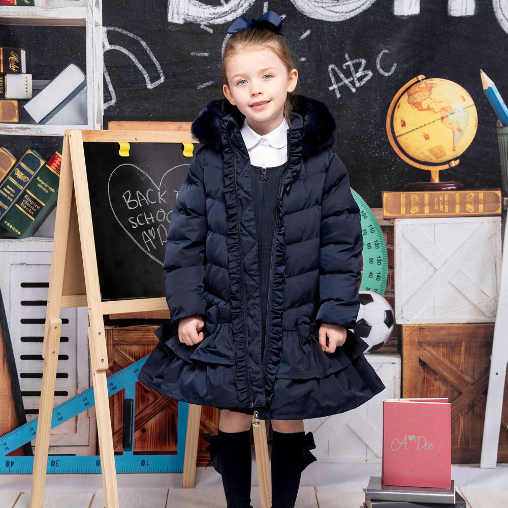 A Dee-Girls Navy Frilled Padded Coat | Childrensalon Outlet
