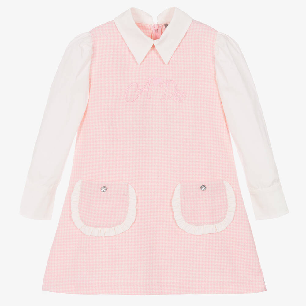 A Dee - Girls Pale Pink Houndstooth Dress | Childrensalon
