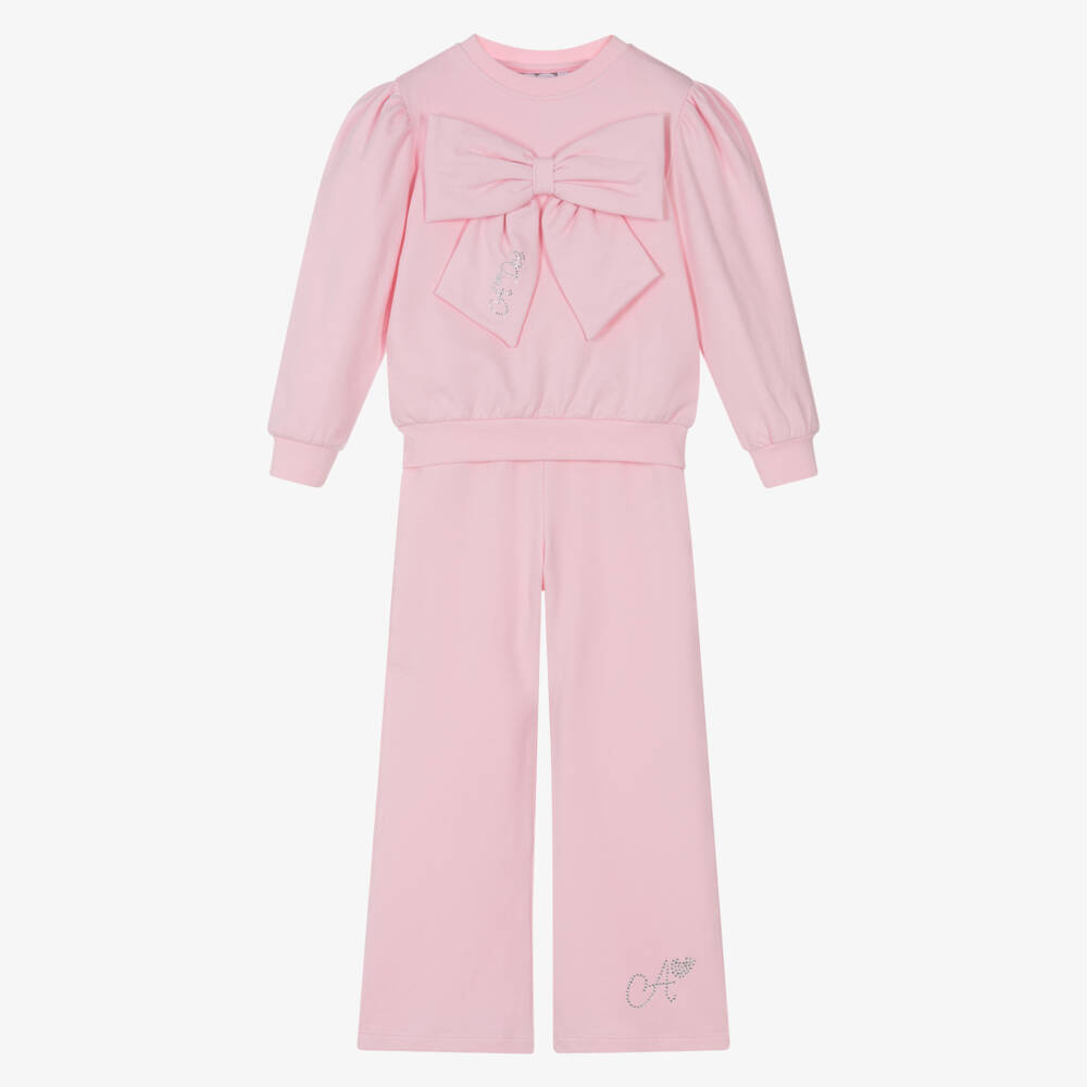 A Dee-Girls Pink Cotton Diamanté Logo Trouser Set with Bow | Childrensalon Outlet