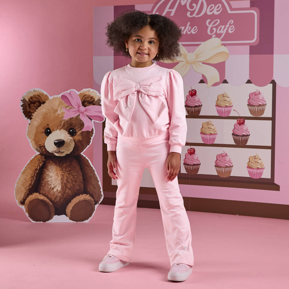 A Dee-Girls Pink Cotton Diamanté Logo Trouser Set with Bow | Childrensalon Outlet