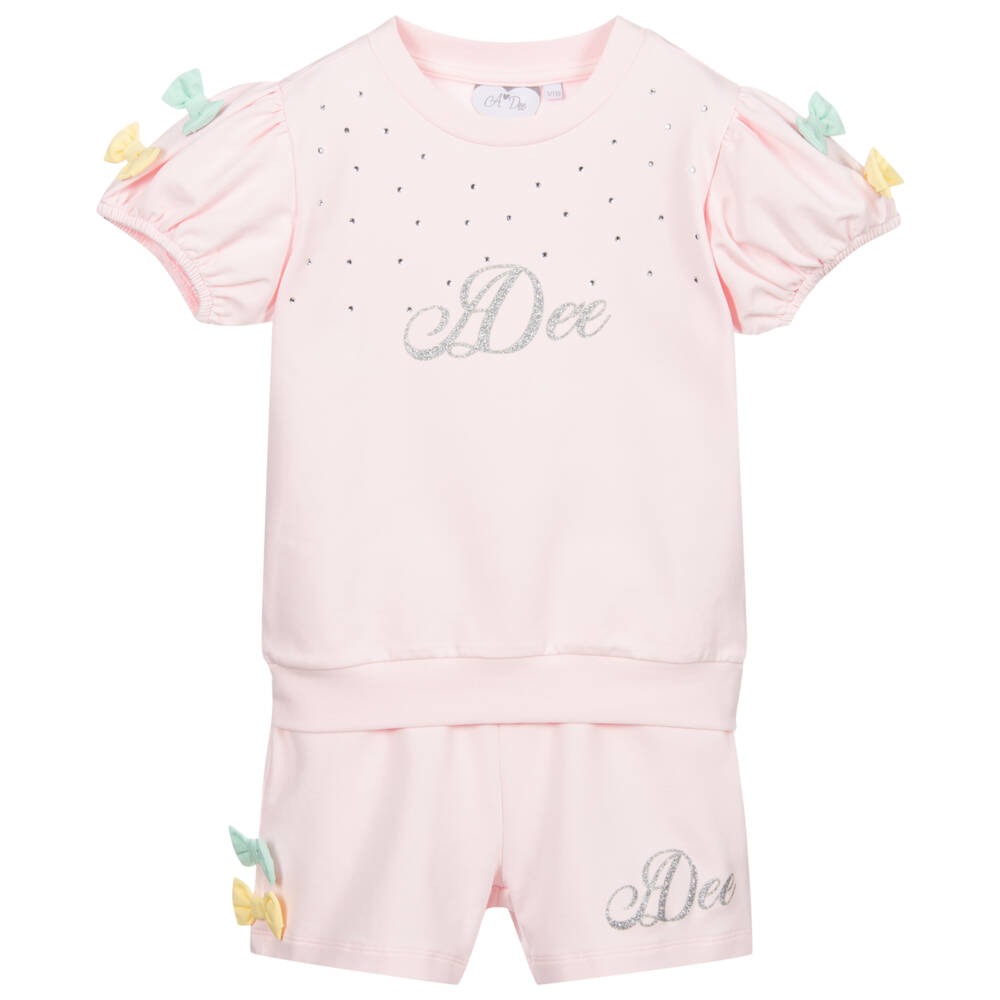 A Dee-Girls Pink Cotton Diamanté Shorts Set | Childrensalon Outlet