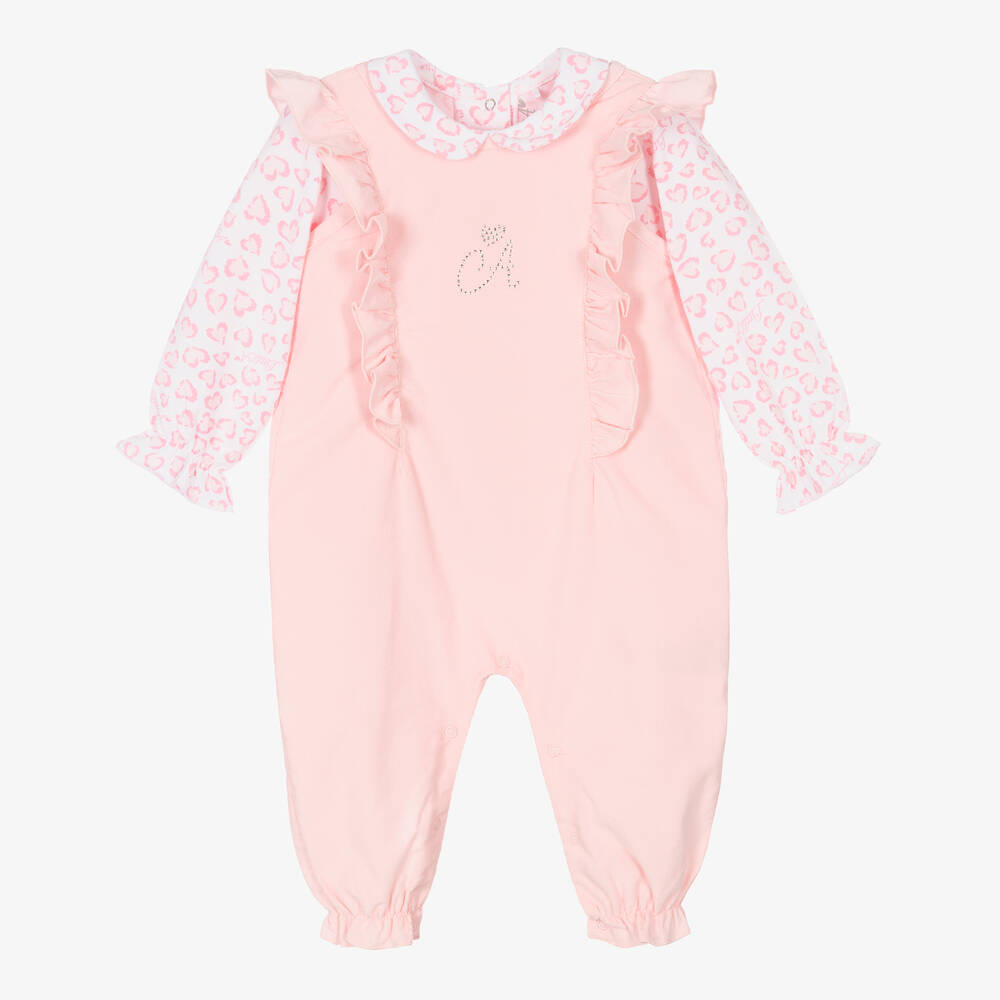 A Dee - Girls Pink Cotton Dungaree Set | Childrensalon