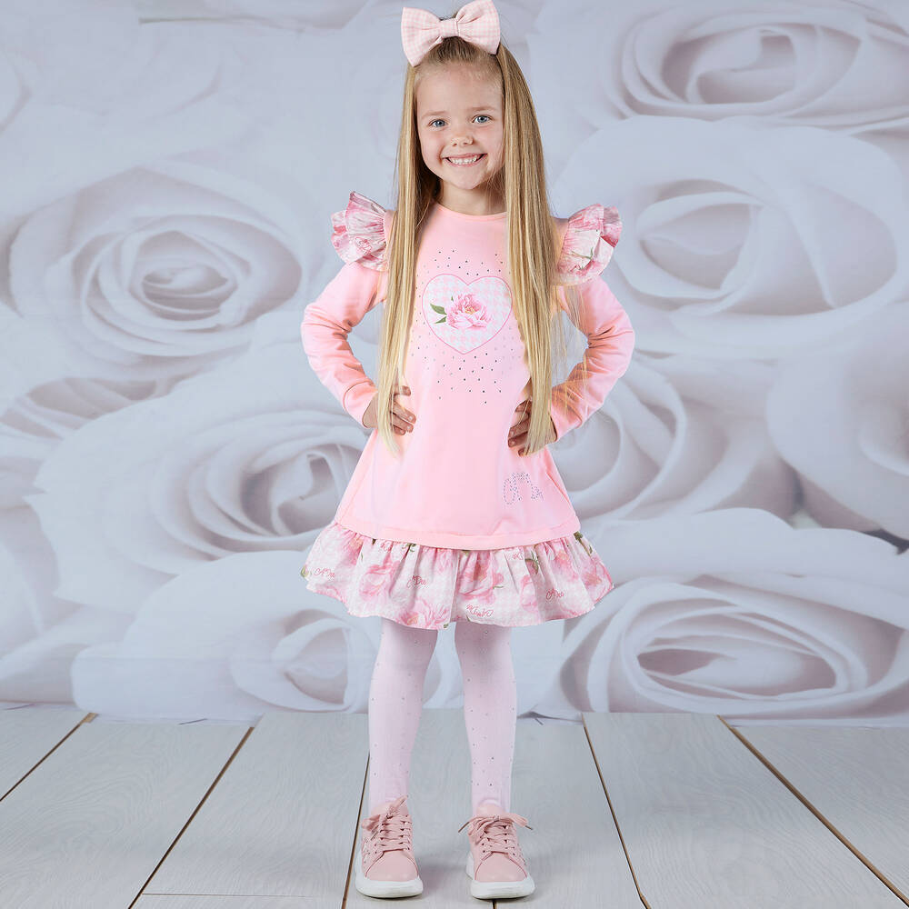 A Dee-فستان قطن جيرسي مزين بكشكش لون زهري | Childrensalon Outlet