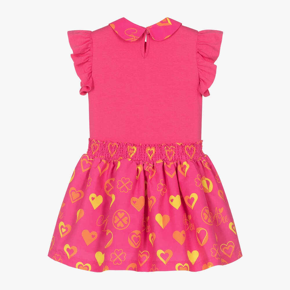 A Dee-فستان بطبعة قلوب قطن جيرسي لون زهري فاقع | Childrensalon Outlet