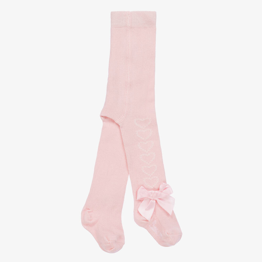 A Dee - Girls Pink Cotton Hearts & Bow Tights | Childrensalon